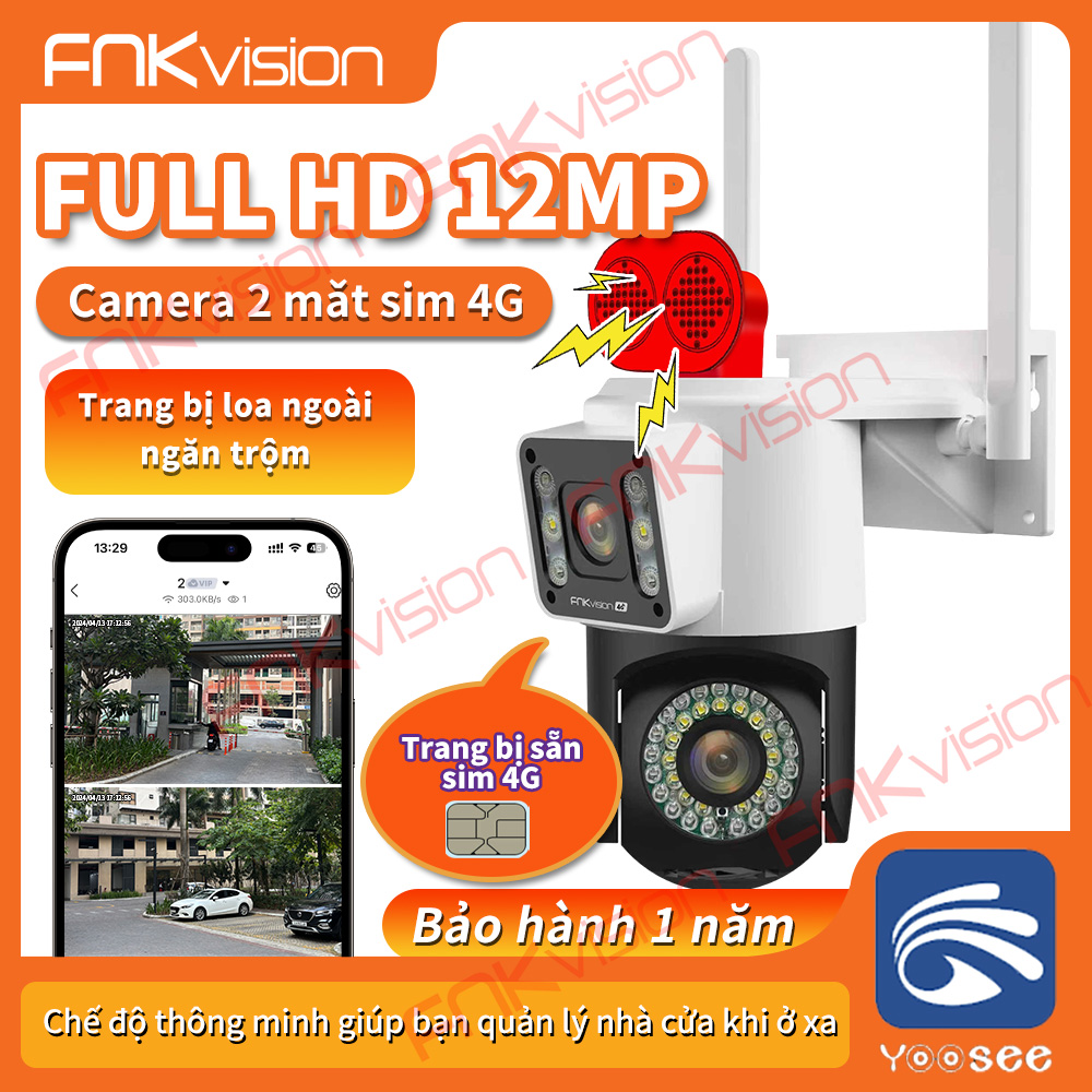 Fnkvision Camera YooSee 2 Mắt 4G Camera sử dụng sim 4G kết nối KHÔNG CẦN WiFi Độ Phân Giải 12MP