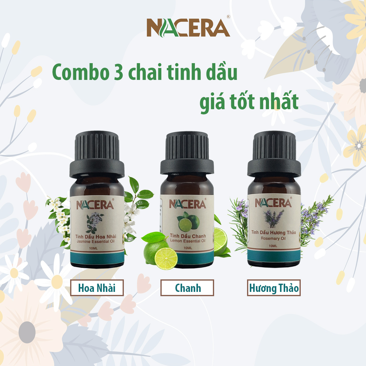 Combo 3 tinh dầu nguyên chất hoa nhài + chanh + hương thảo, xông thơm phòng, giảm stress chai-10ml