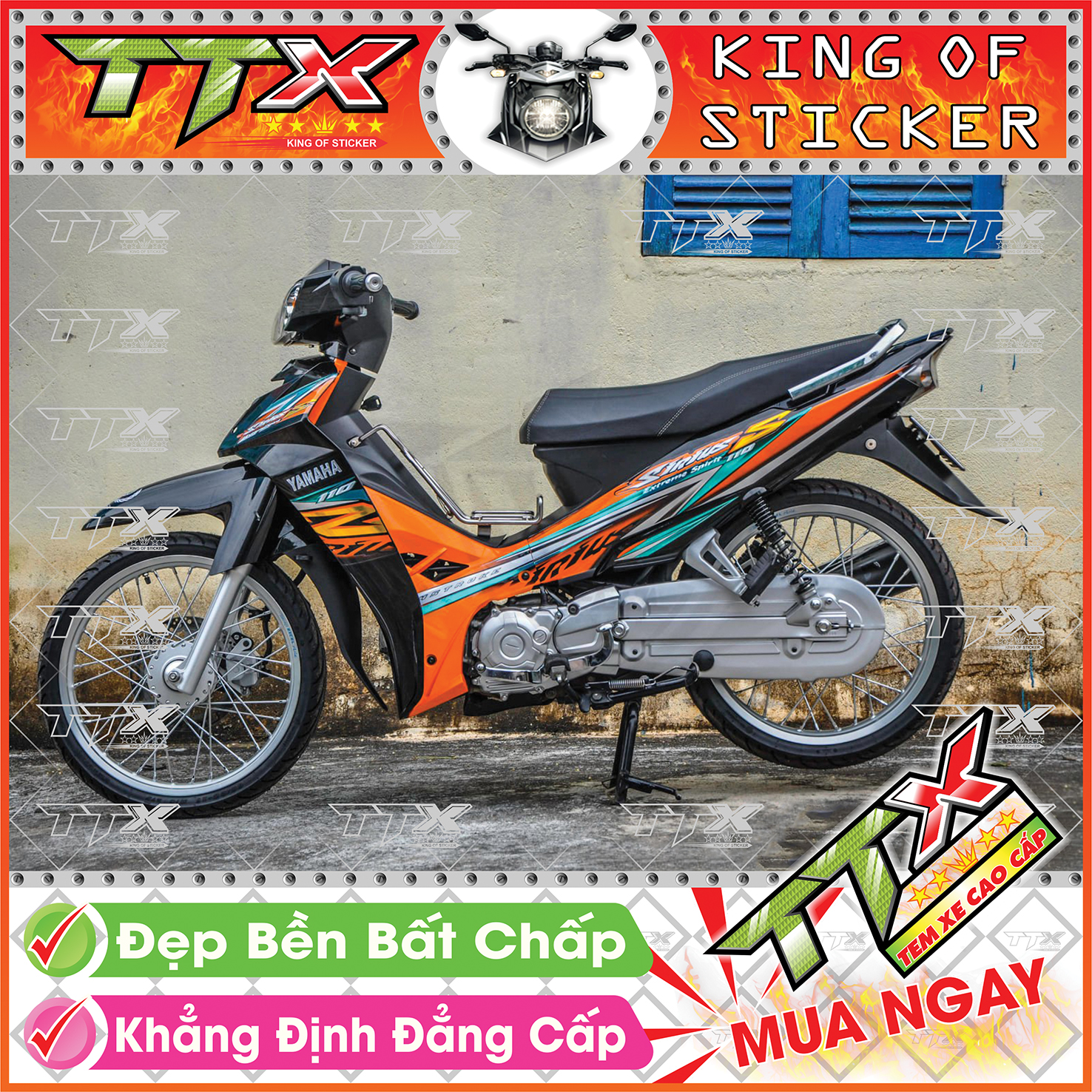 Tem Xe Sirius 110 Cam Đen Chữ S - Tem Sirius Đen Cam Siêu Đẹp - Mẫu Team Sirius Cam Đen