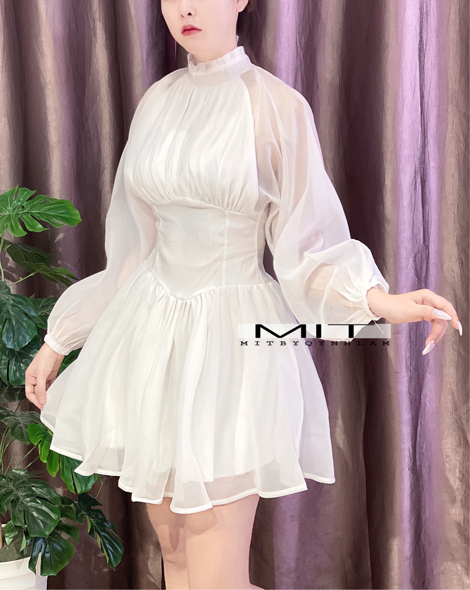 Serena Dress - đầm váy tay phồng hở lưng cổ cao