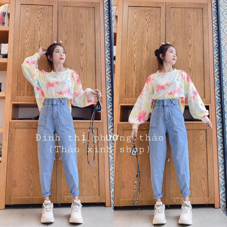 Set baggy jean 2 nút  lưng cao + áo CROPTOP TAY DÀI LOAN MÀU