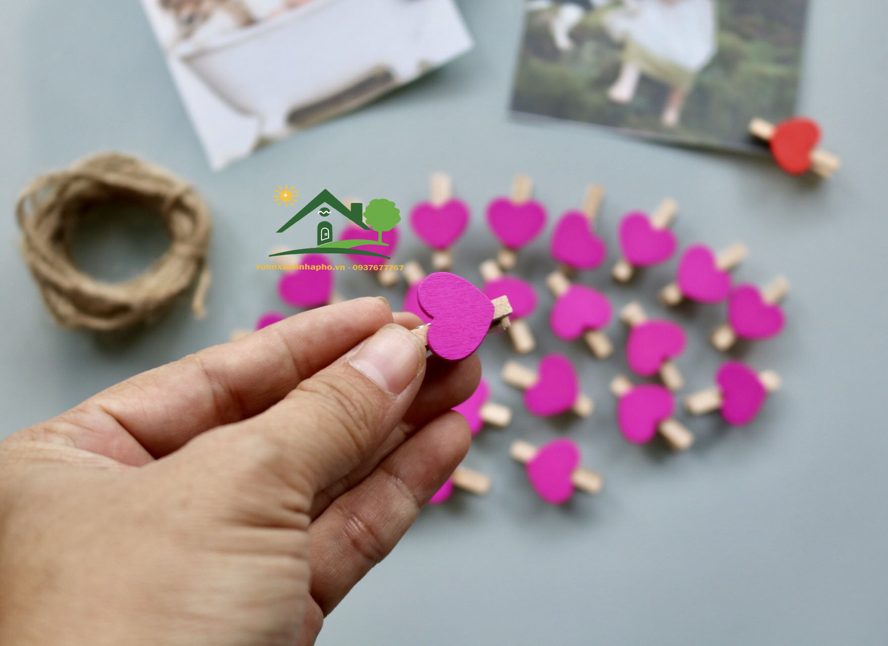 [HCM]Bộ 25 kẹp gỗ trái tim màu treo hình ảnh tặng 2 mét dây thường size 3x0.4cm