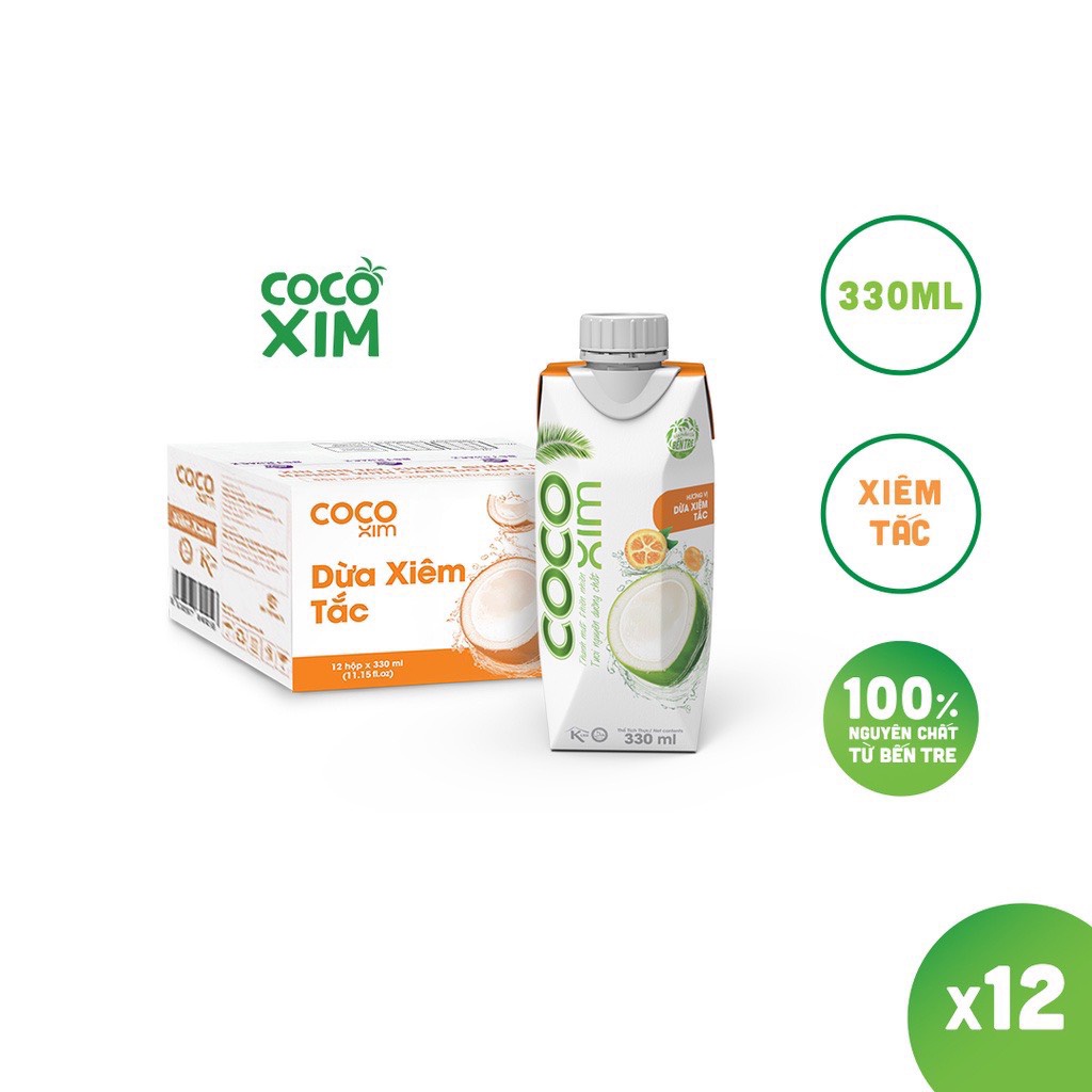 Thùng 12 hộp 330ml nước dừa xiêm tắc cocoxim đóng hộp