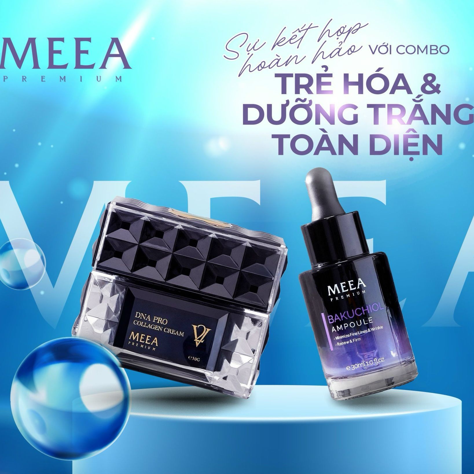 Combo kem face collagen trứng cá hồi meea v2 và tinh chất serum bakuchiol