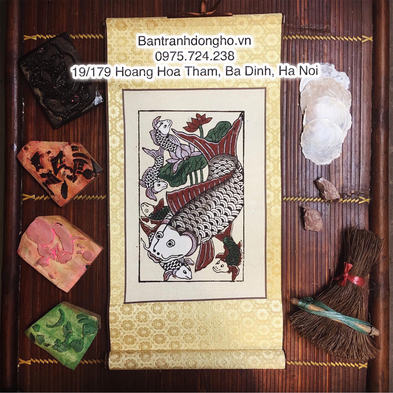 Tranh Đông Hồ Đàn cá - cá chép hoa sen - Tranh bồi biểu lụa truyền thống