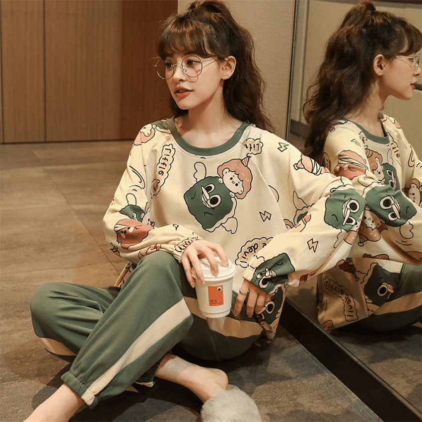 [Freeship+Quà 35k]Đồ bộ ngủ nữ pijama Mellowshop cổ tròn dài tay chất liệu len gân mềm mại thoải mái, 2 màu xanh đậm và nhạt phong cách Hàn Quóc năng động dễ thương tặng kèm khăn lụa khi mua hóa đơn từ 500k.