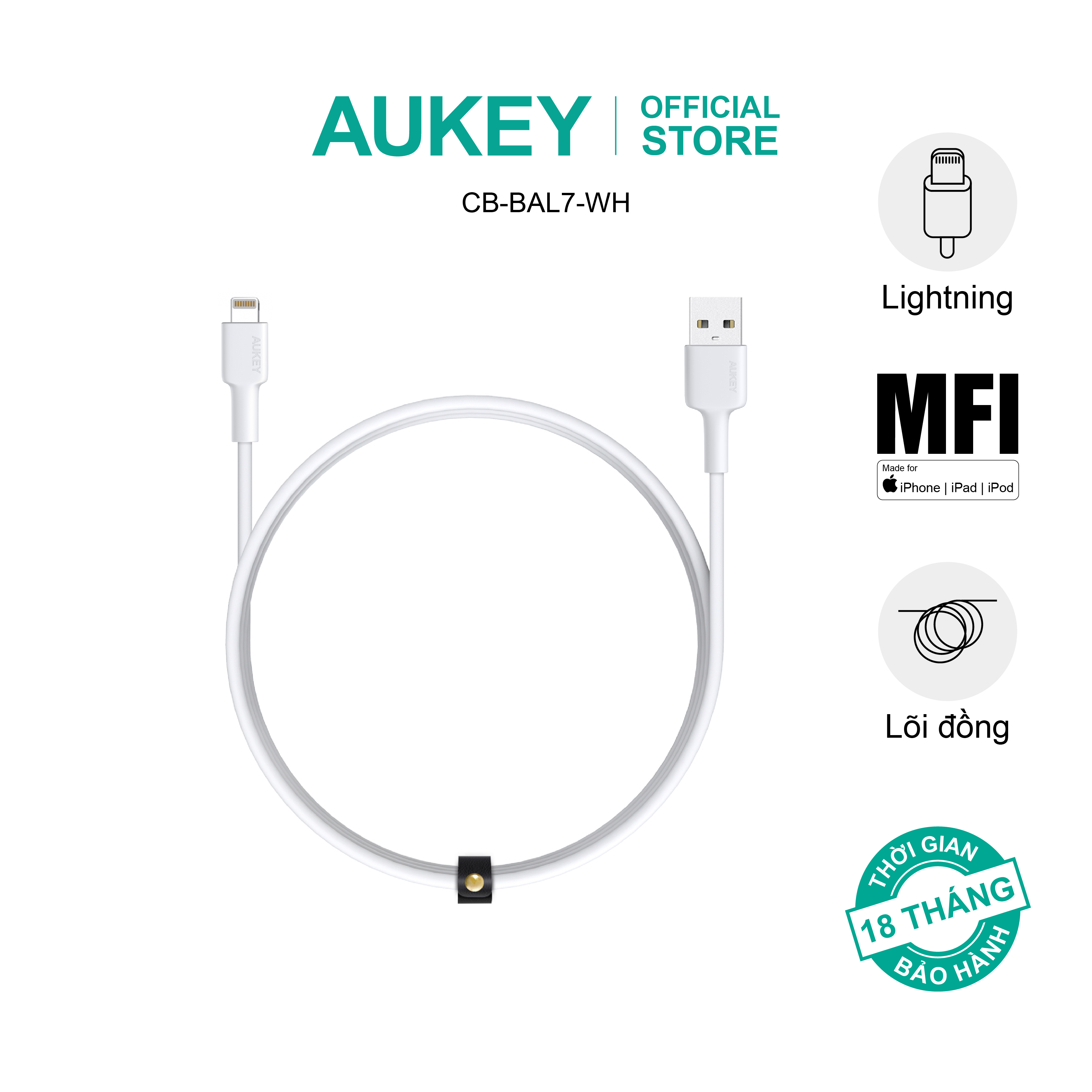 Dây cáp lõi đồng aukey usb-a to lightning mfi 0.9 mét cb-bal7