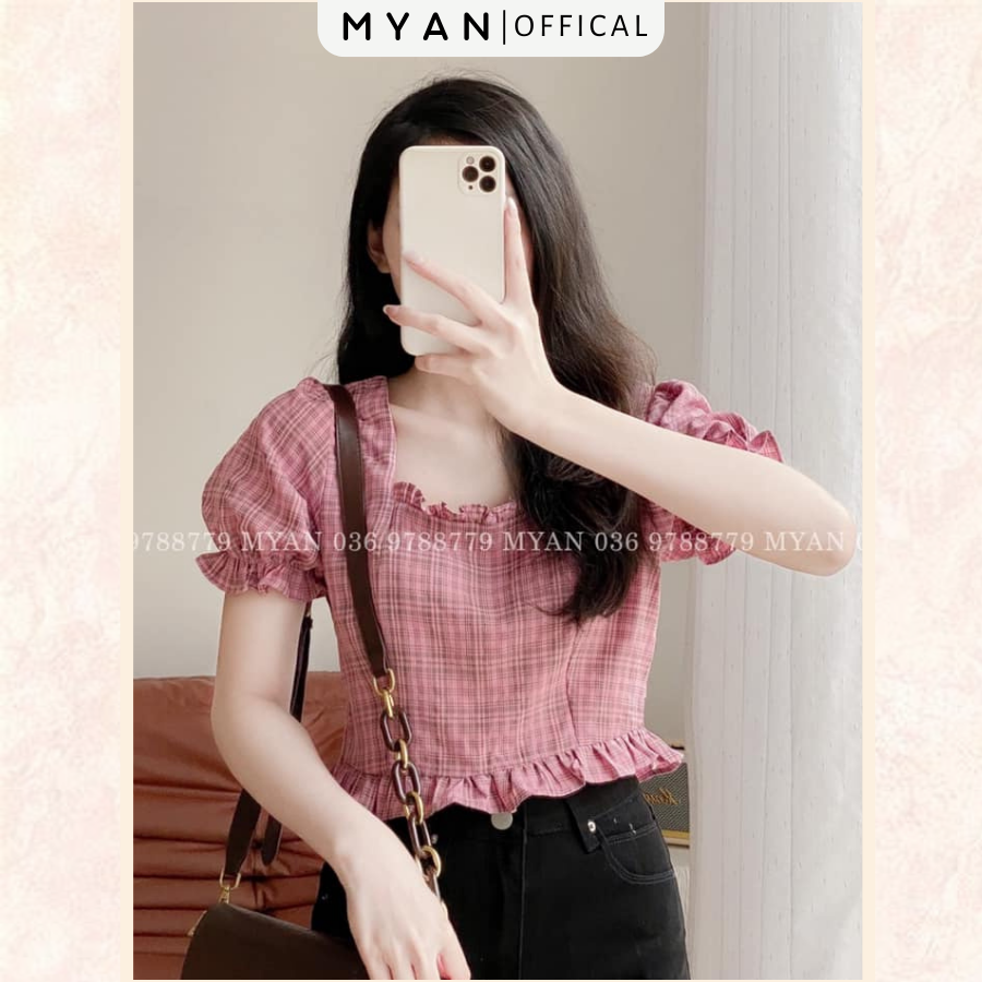 Áo croptop myan kẻ cổ vuông cotton bèo gấu avn042202