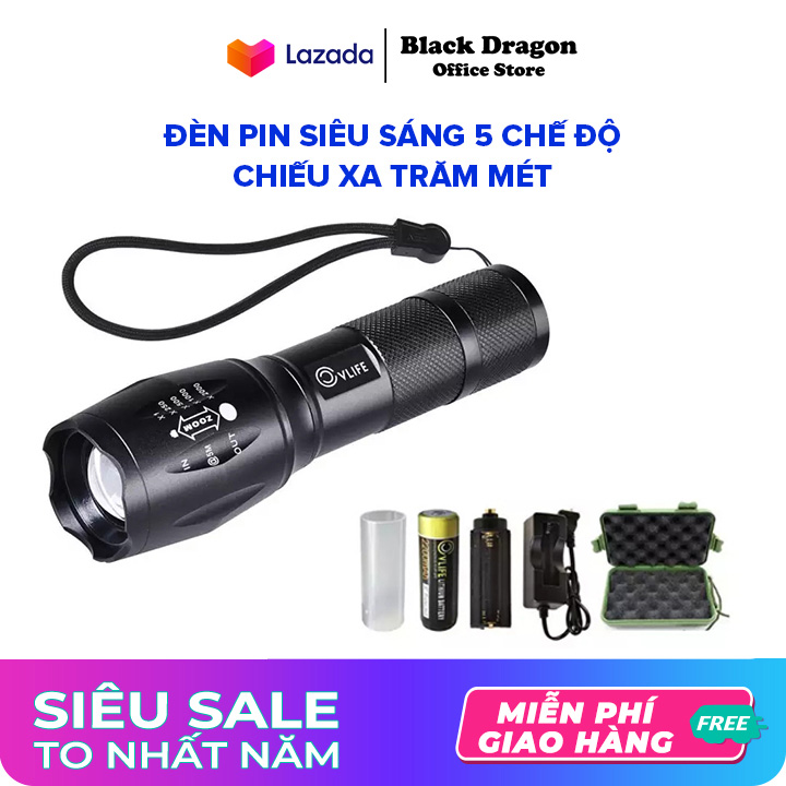 [HCM]Đèn pin siêu sáng chiếu xa 1000m với 5 chế độ XML T6 sử dụng pin AA - Bộ sản phẩm gồm 1 đèn pin led mini cầm tay 1 pin sạc 1 bộ sạc 1 dụng cụ xài pin AAA 1 đồ bảo vệ pin 1 hộp đựng