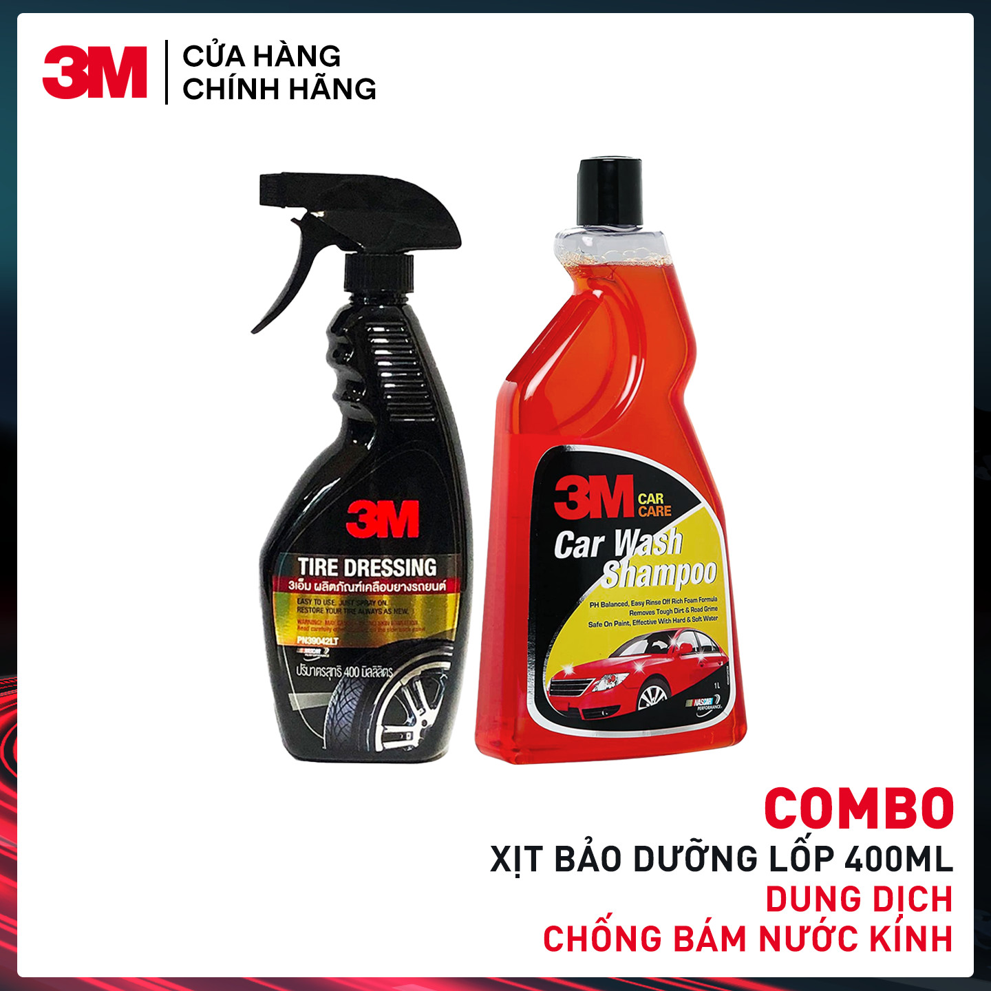 Combo chai xịt bảo dưỡng và phủ bóng lốp xe 3m 39042 lt 400ml và xà bông rửa xe 3m car wash 1l
