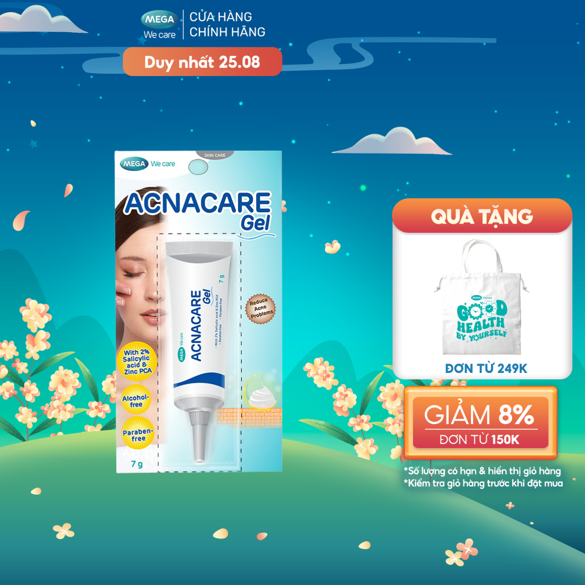 Gel giảm mụn, giảm nhờn, sạch tế bào chết, mềm da - ACNACARE GEL Mega We Care (7g)