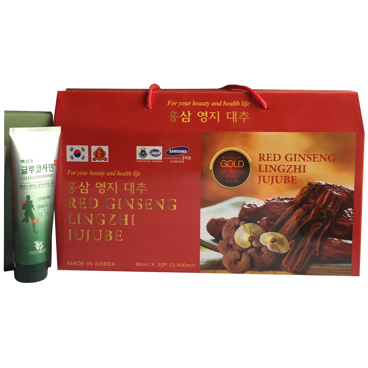 [FreeshipMAX] Thực phẩm bảo vệ sức khỏe Nước hồng sâm Linh chi Táo đỏ Hàn Quốc-Red Ginseng Lingzhi Jujube Gold 30 gói x 80ml, nước sâm bịch, nước sâm,(Kèm 1 Dầu lạnh Glucosamine)