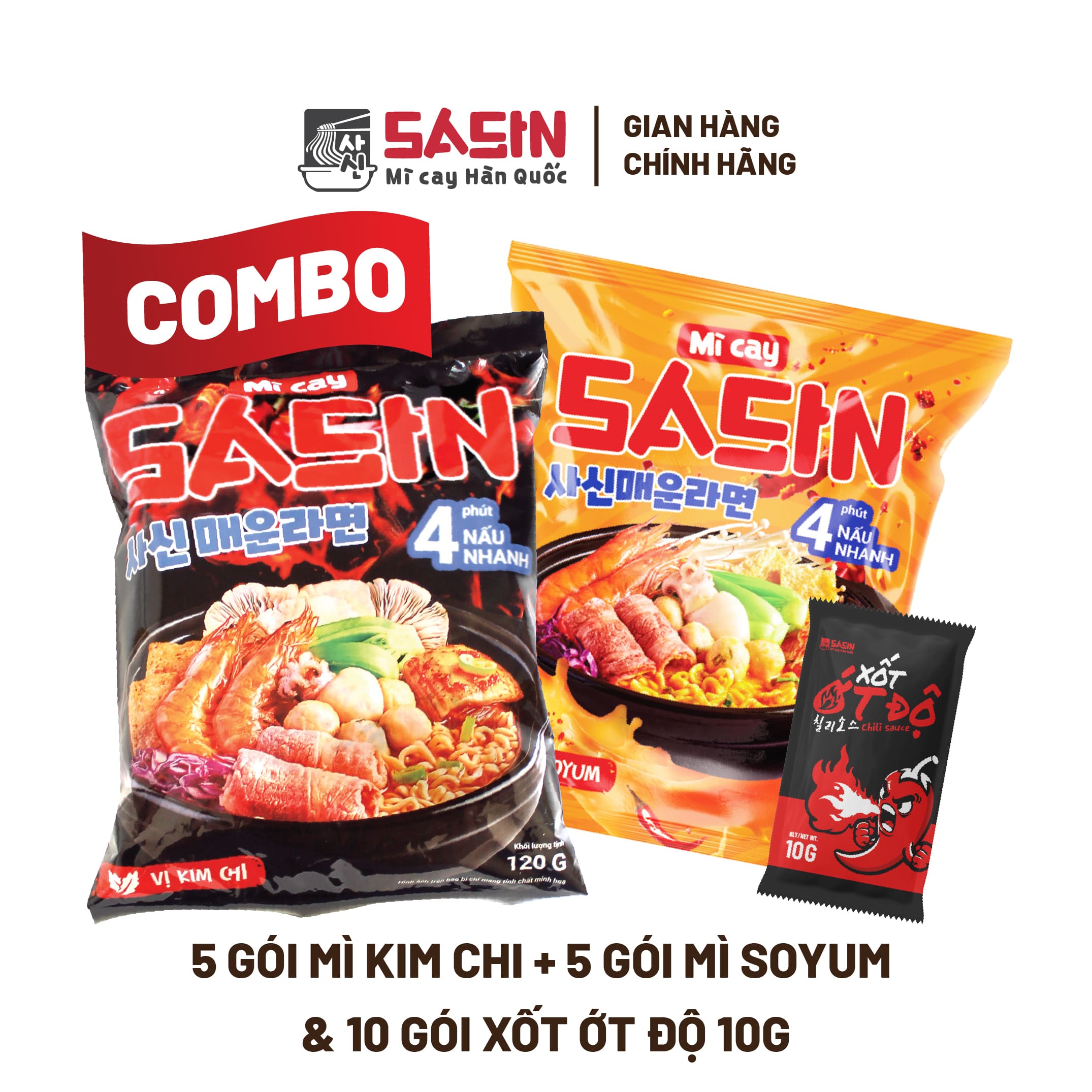 Combo 5 gói mì cay Sasin vị kim chi + 5 gói mì cay Sasin vị soyum + 10 gói xốt ớt độ BSET0117