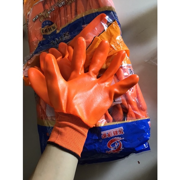 Gang tay bảo hộ lao động, gang tay phủ sơn 2 mặt màu cam loại dày