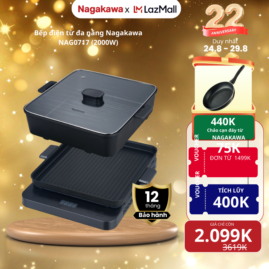 Bếp điện từ đa năng Nagakawa NAG0717, kèm nổi lẩu và vỉ nướng chuyên dụng, bảo hành 12 tháng