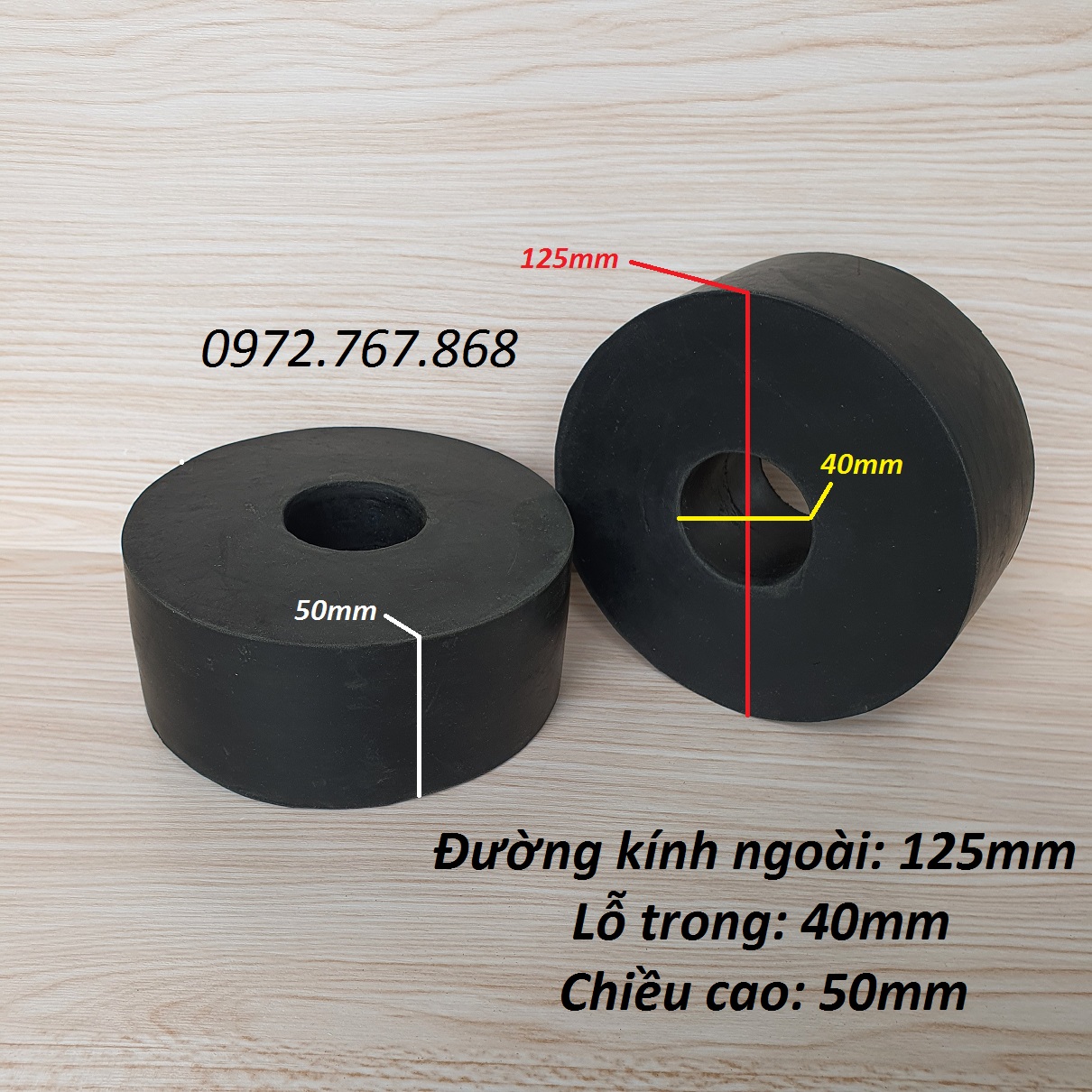 Đệm cao su giảm chấn 125*40*50 (Đường kính ngoài 125mm, lỗ trong 40mm, cao 50mm)