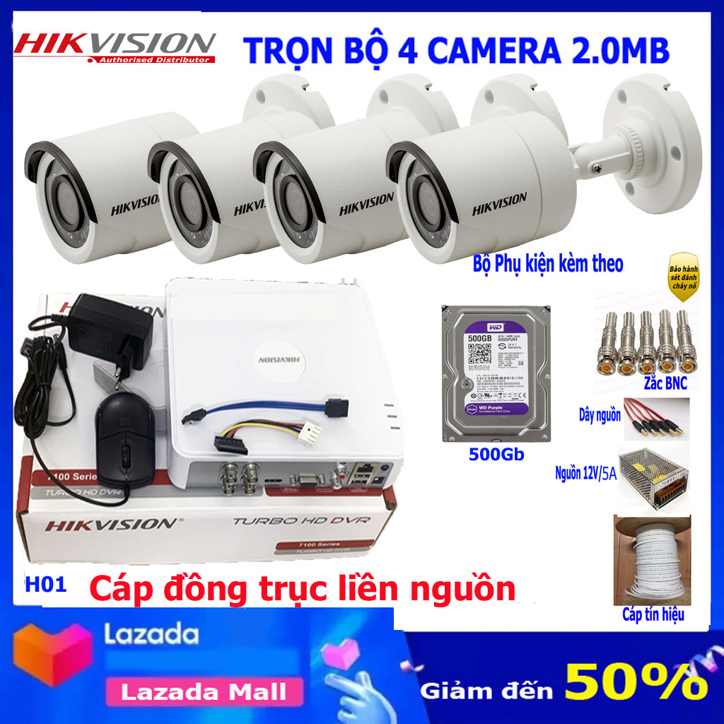 Trọn bộ 1-4 Camera HD 2.0MP 1080P full phụ kiện lắp đặt. lắp đặt dễ dang cắm là chạy H01