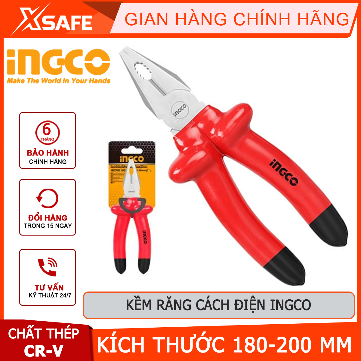 Kìm răng cách điện INGCO | kềm cách điện Kích thước 7 inch/180mm8 inch/200mm Tay cầm bọc nhựa chuyên dụng và cách điện 1000V- 36/T cắt, kẹp, tuốt các loại dây cáp, dây điện, dây kim loại