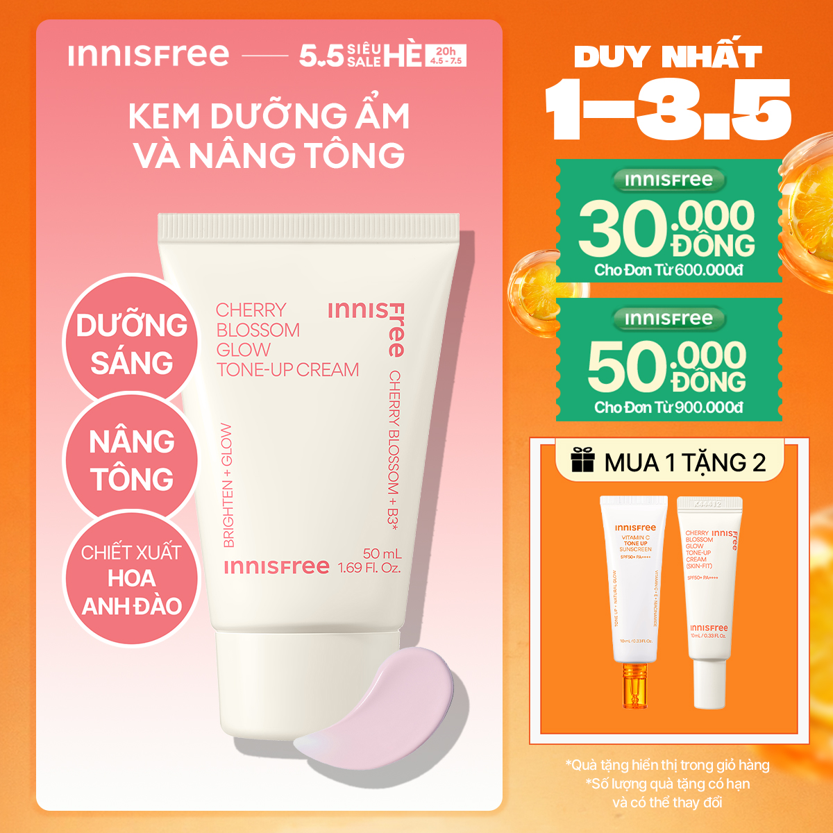 Kem nâng tông, dưỡng sáng làm đều màu da từ hoa anh đào INNISFREE Cherry Blossom Tone Up Cream 50ml
