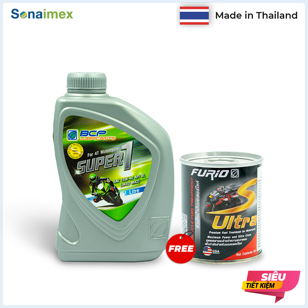 Combo 1 chai nhớt xe máy bcp thái lan 1l - super 1 sae 15w40, api sl, jaso ma2 dành cho xe số 4 thì + 1 lon bcp s-ultra 60 ml dung dịch vệ sinh buồng đốt, bình xăng con siêu sạch