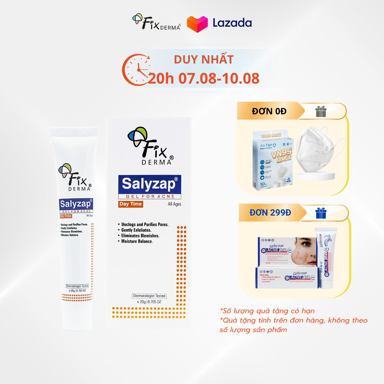 Gel Giảm Mụn Fixderma Salyzap Gel For Acne (Dùng ban ngày) (20g): Giảm mụn, tẩy tế bào chết, dưỡng ẩm và dịu da. Sản phẩm uy tín được các bác sĩ da liễu tin dùng