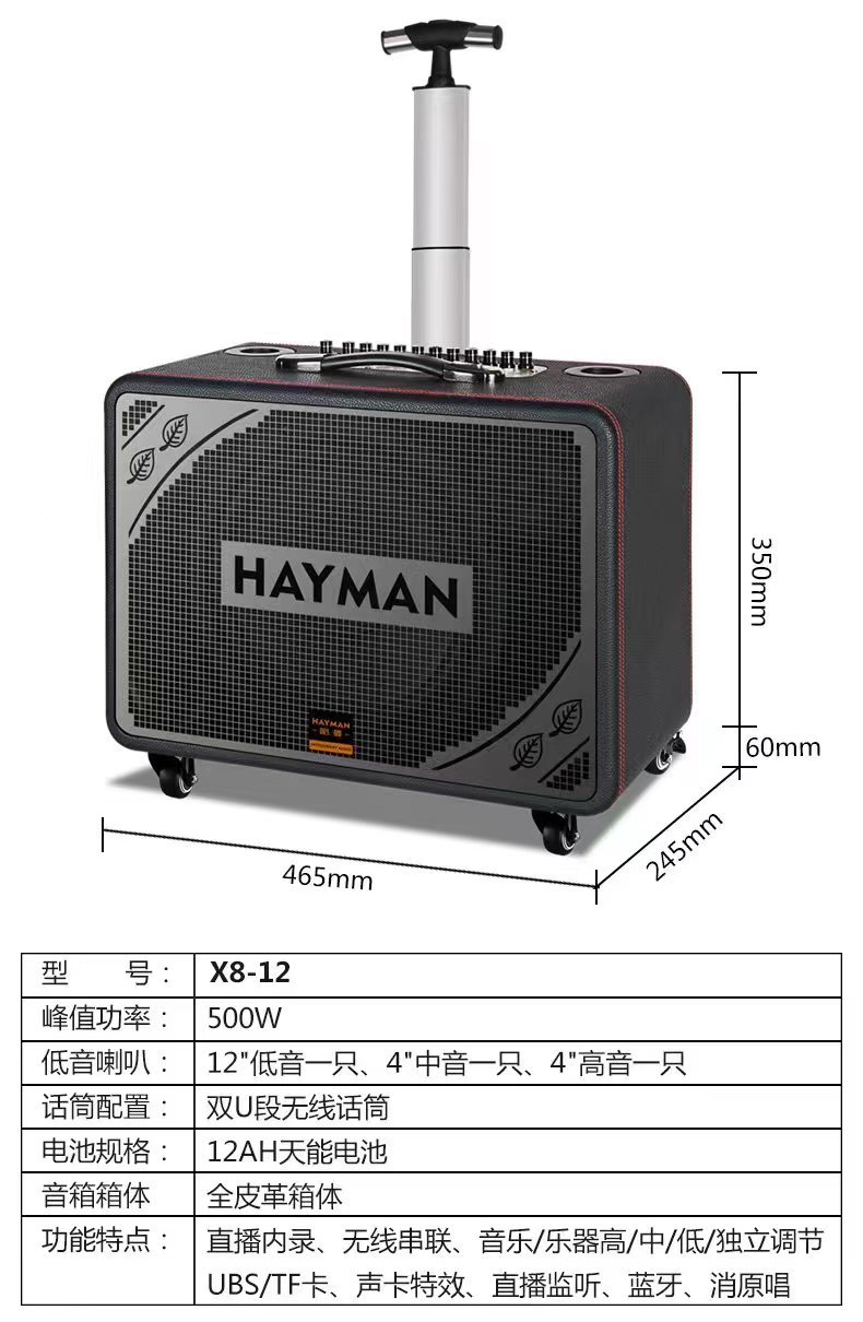 loa kéo di động HAYMAN X8-12 Kèm hai chống hú , bass30 ,nhạc hay ,chất lượng