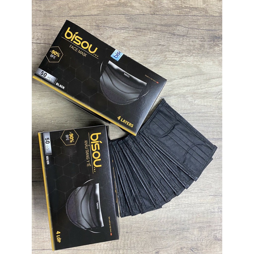 [HCM]KHẨU TRANG Y TẾ  BISOU 4 LỚP KHÁNG KHUẨN MÀU ĐEN HỘP 50 CÁI HÀNG CHẤT LƯỢNG.