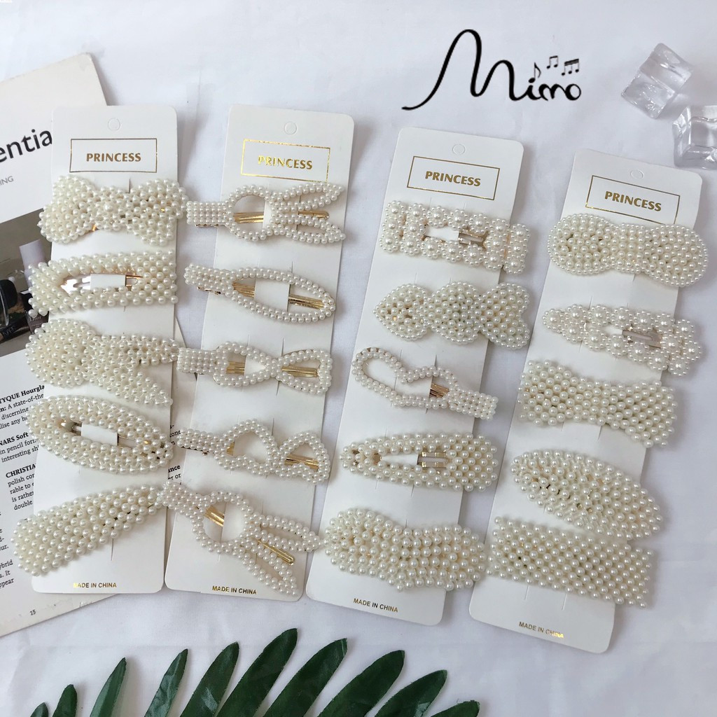Combo 5 Kẹp mái đính hạt trắng mix 5 mẫu