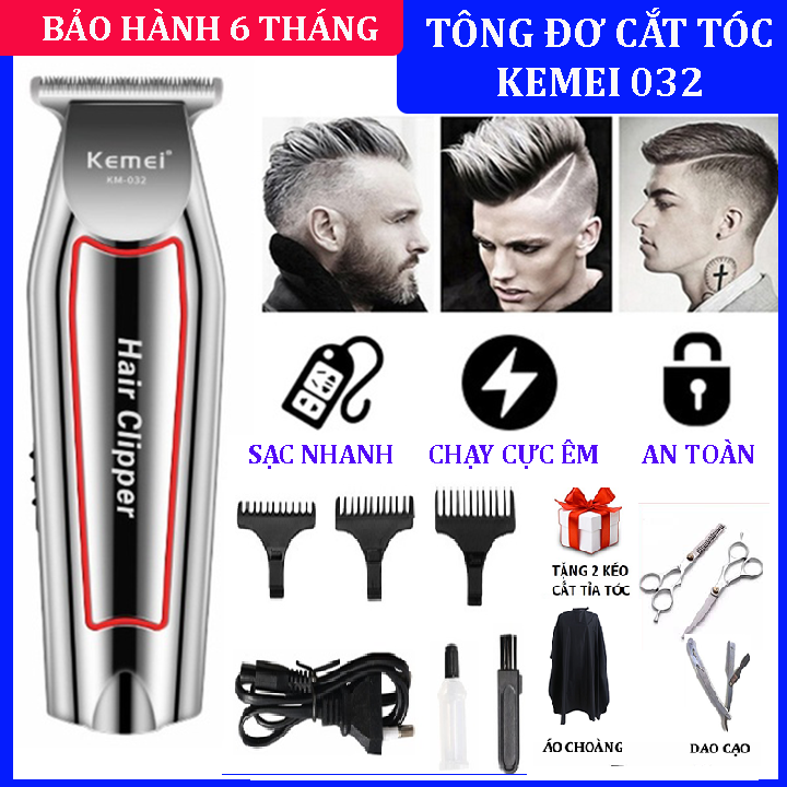 ( Có Video Thật)Tông đơ cắt tóc cho nam,hớt tóc gia đình, trẻ em, không dây,chuyên nghiệp có đầu cắm USB Kemei 032 (Tăng đơ hớt tóc), tông đơ kiêm cạo râu, chấn viền,bấm viền+ Tặng 2 kéo cắt tỉa tóc, áo choàng, dao cạo