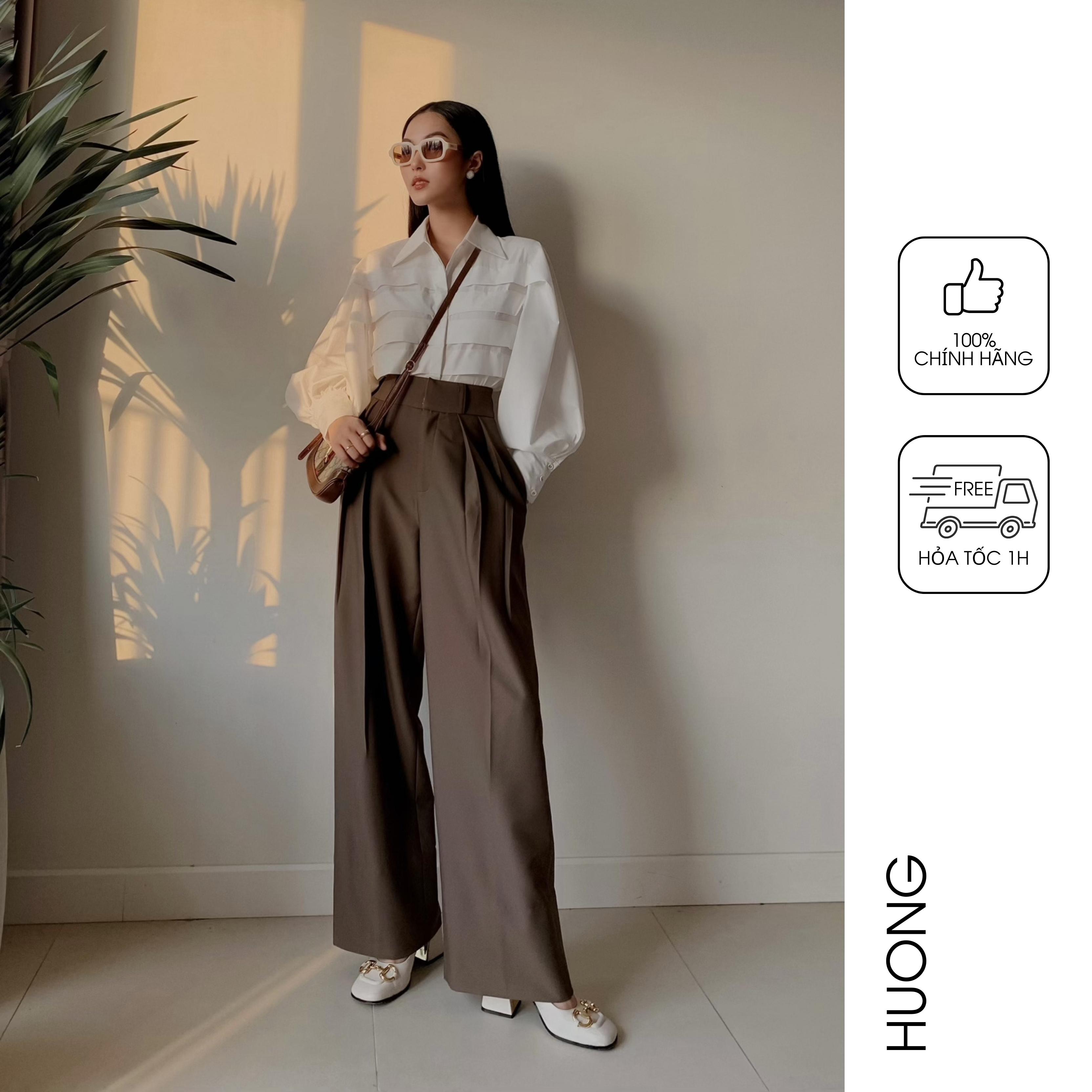 HUONG BOUTIQUE Quần suông nữ HBQ101 ống rộng, mí gân