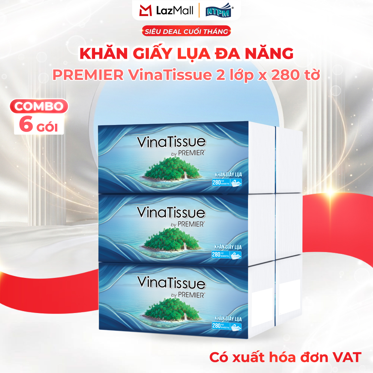 [COMBO 6 GÓI] Khăn giấy lụa đa năng PREMIER VinaTissue, 2 lớp – 100% bột giấy nguyên sinh, không chất tẩy, 280 tờ/gói – Chính hãng