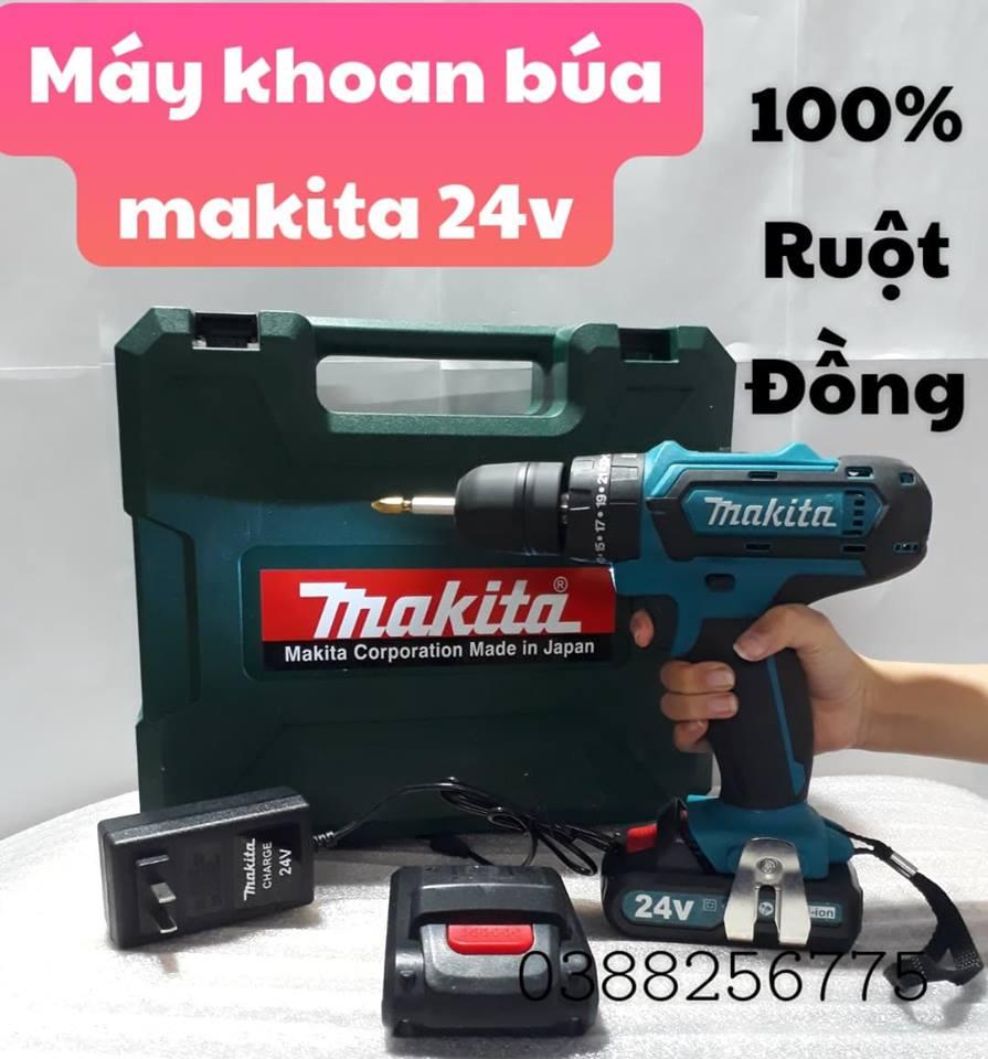 MÁY KHOAN PIN MAKITA CÓ BÚA 24V(hàng nhập khẩu thái lan)TẶNG MŨI bắt vít..kèm 2pin.khoan sat.gỗ .bê tông,,.,..