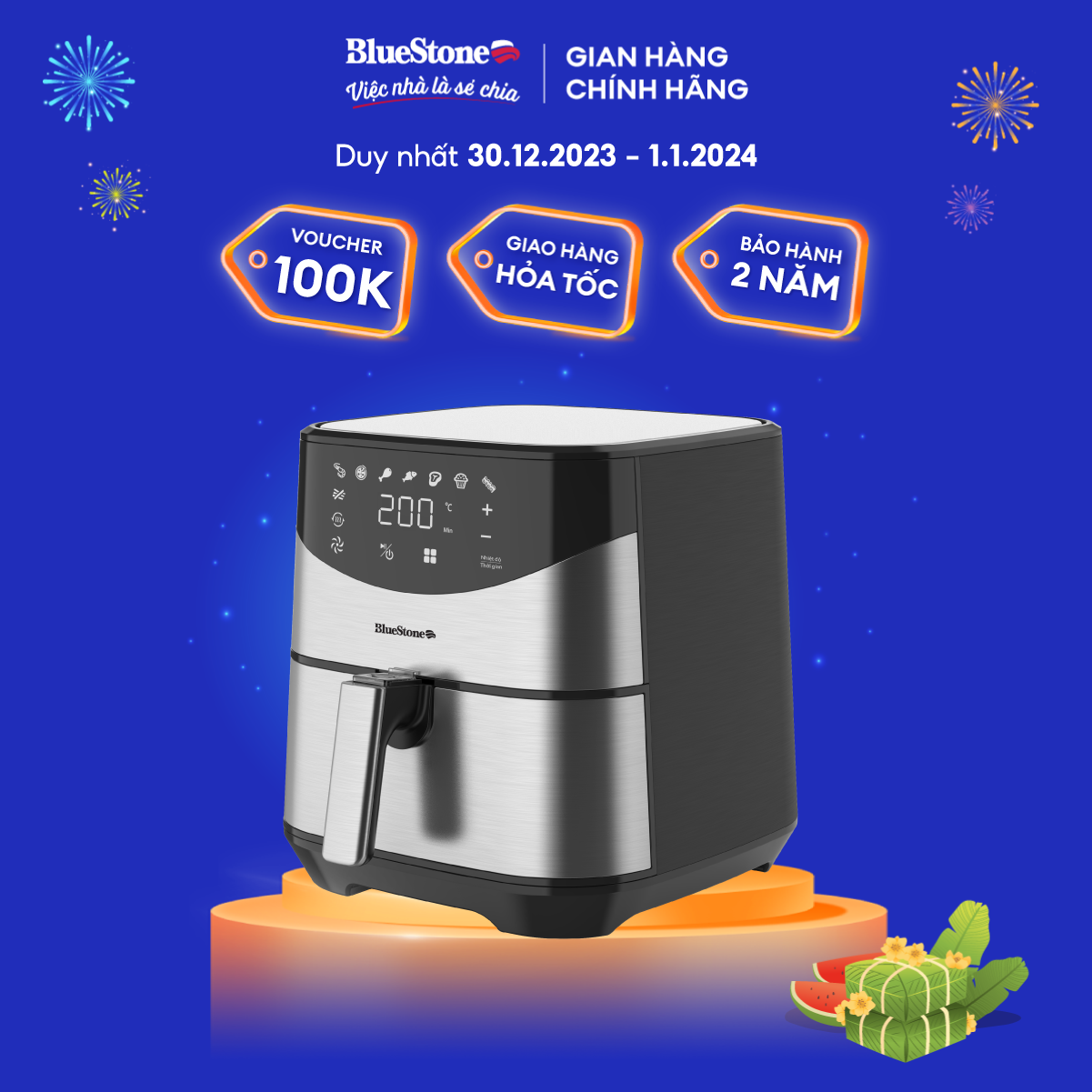 YEAR 30.1201.01 Voucher BLU giảm 10Nồi Chiên Không Dầu Điện Tử BlueStone AFB5880 Dung tích 5.5 Lít 1700W Công nghệ Rapid Air giảm 80 lượng dầu mỡ Bảo hảnh 2 năm