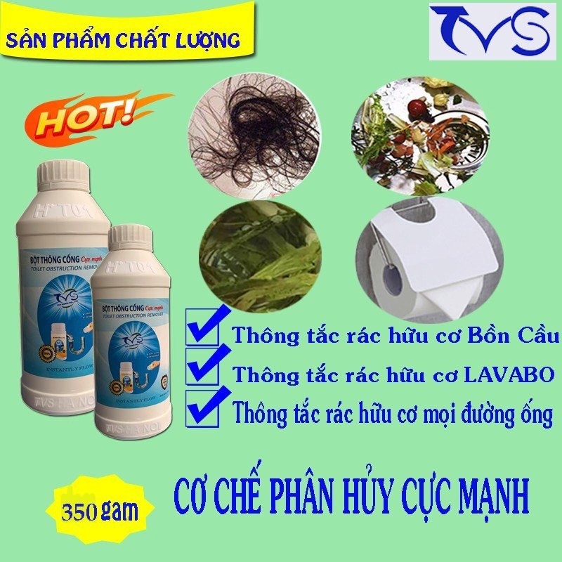 Combo 2 chai bột thông cống cực mạnh TVS loại lớn 350 gam, bột thông tắc bồn cầu, chậu rửa, hầm cống, đường ống nước