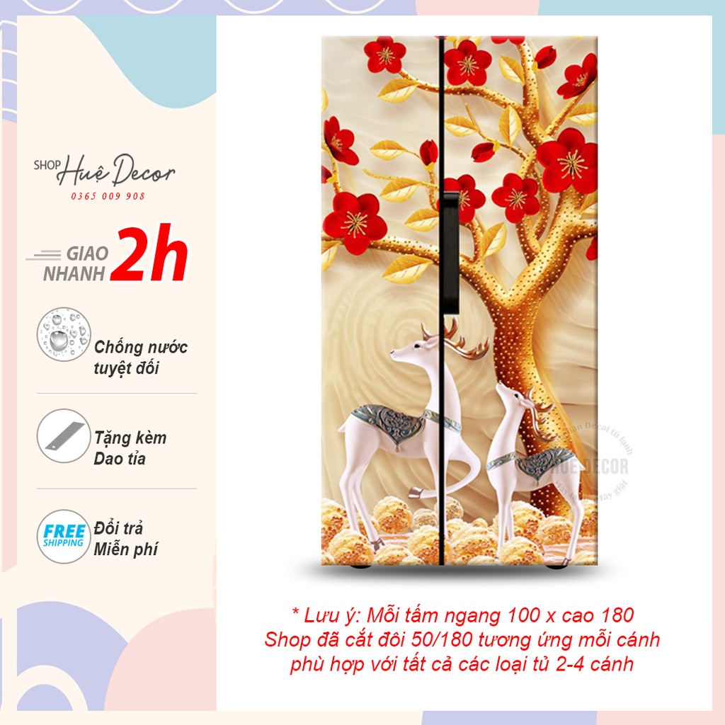 Miếng dán tủ lạnh to 2 cánh, 4 cánh Hươu ngọc mai đỏ