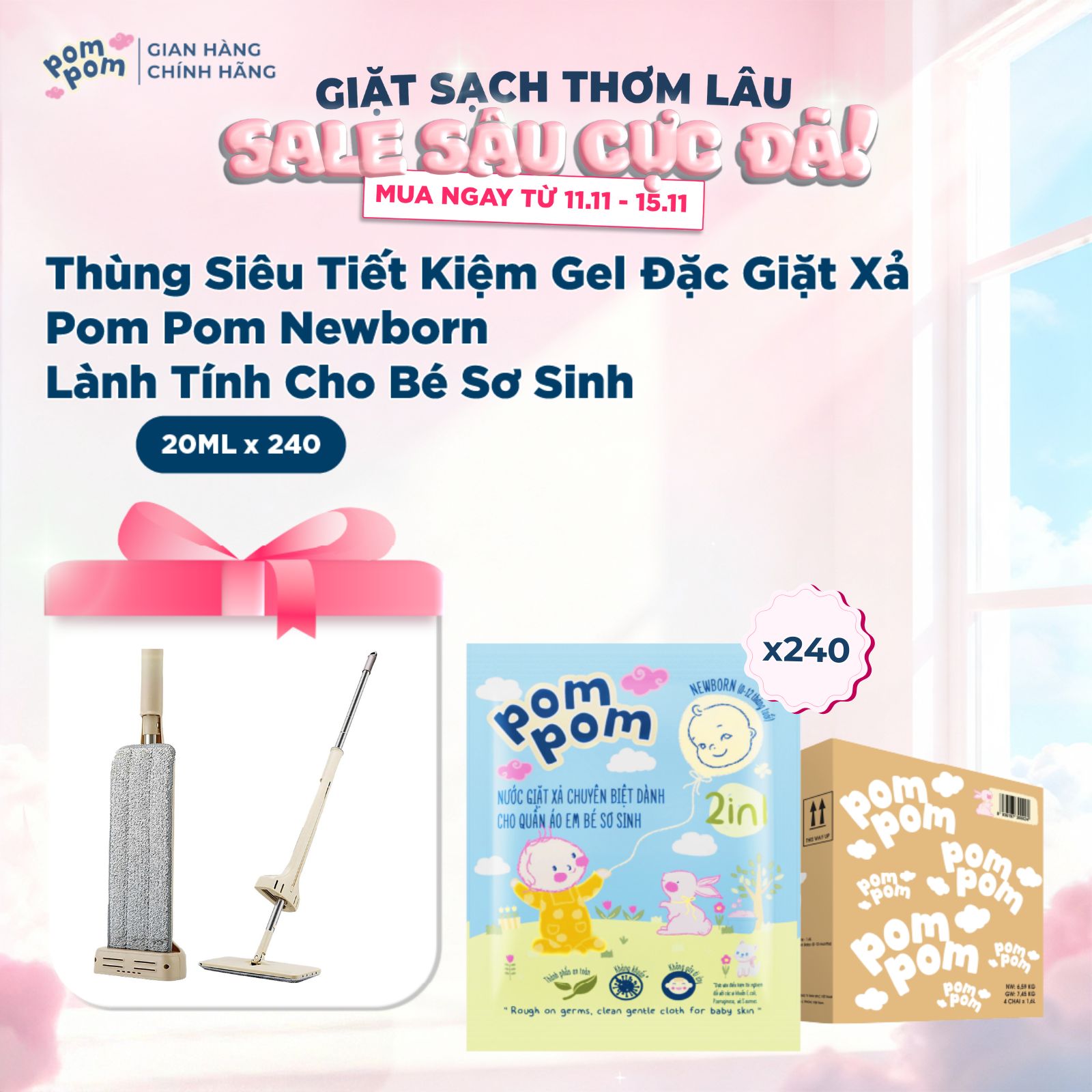 [Thùng Sachet 20ML] Nước Giặt Xả Cho Bé Sơ Sinh 0-12 Tháng Pom Pom Newborn Sạch Sâu Nôn Trớ