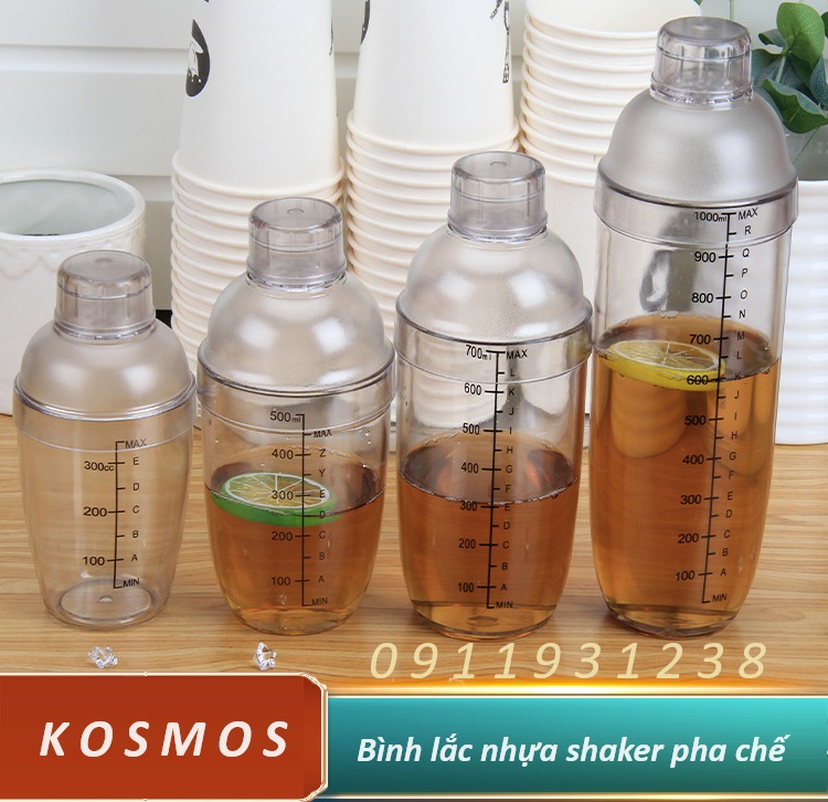 Bình lắc Shaker pha chế nhựa chia vạch đen 350ml- 500ml - 700ml - 1000ml - nắp bình lắc