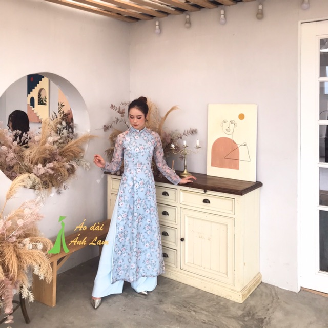 Bộ áo dài voan tơ xanh hoa