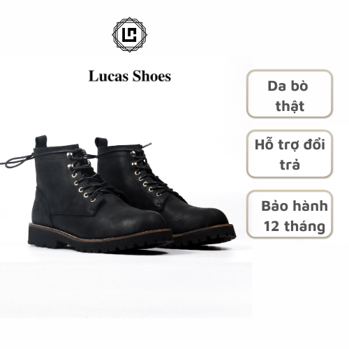 Giày da nam Combat Boots Iron 01 , da bò sáp đen, đế cao su đúc CNM, Lucas Shoes bảo hành 1 năm
