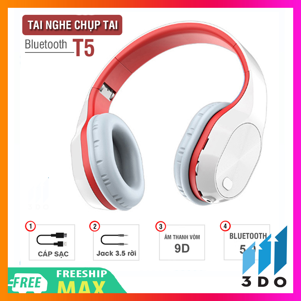Tai nghe bluetooth không dây T5 tai nghe chụp tai hỗ trợ thẻ nhớ  Jack 3.5mm âm Bass cực đỉnh giảm ồn cách âm tốt Bảo hành 6 tháng 1 đổi 1 trong 7 ngày, tai nghe, tai nghe bluetooth, tai nghe có dây, tai nghe không dây
