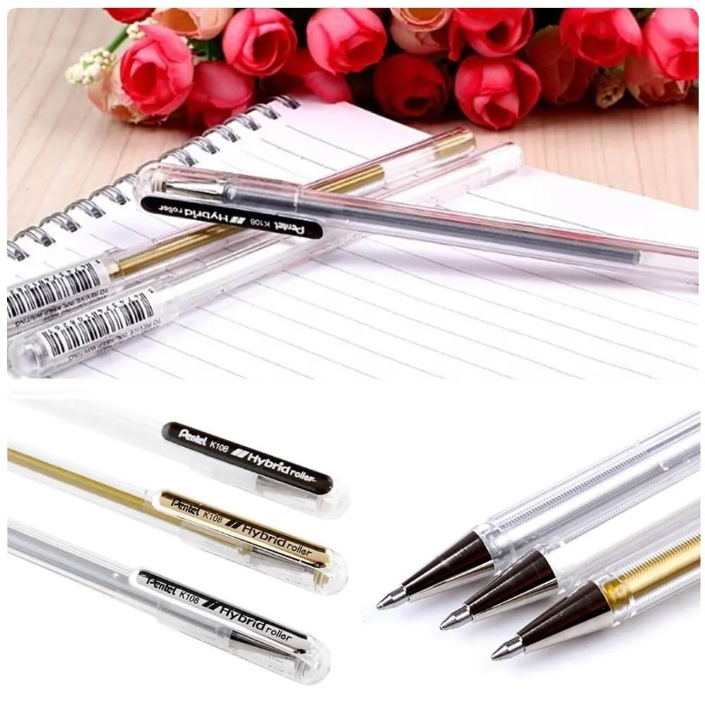 Bút Nhũ Gel Nhật Bản Pentel Hybrid Roller K108 Ngòi 0.8mm - Màu Nhũ Tươi Sáng Nhanh Khô Không Lem Nhòe – Với 3 Màu Mực (Vàng, Bạc, Trắng)