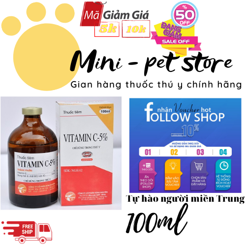 [100ml] Vitamin C - 5%,PHÒNG  thiếu Vitamin C gây chảy máu, phòng chống Stress, nâng cao sức đề kháng cho cơ thể cho gia súc, gia cầm, heo, bò, dê, cừu gà, vịt  thú y hùng nguyên