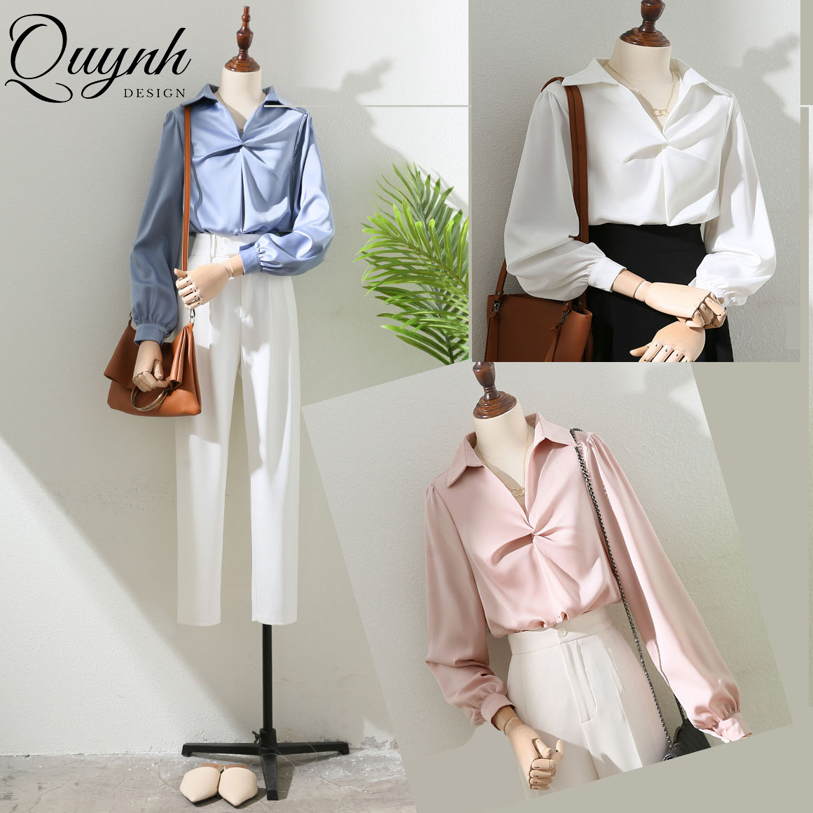 Set sơ mi nữ | áo sơ mi xoắn ngực, quần baggy trắng quynh design sm003