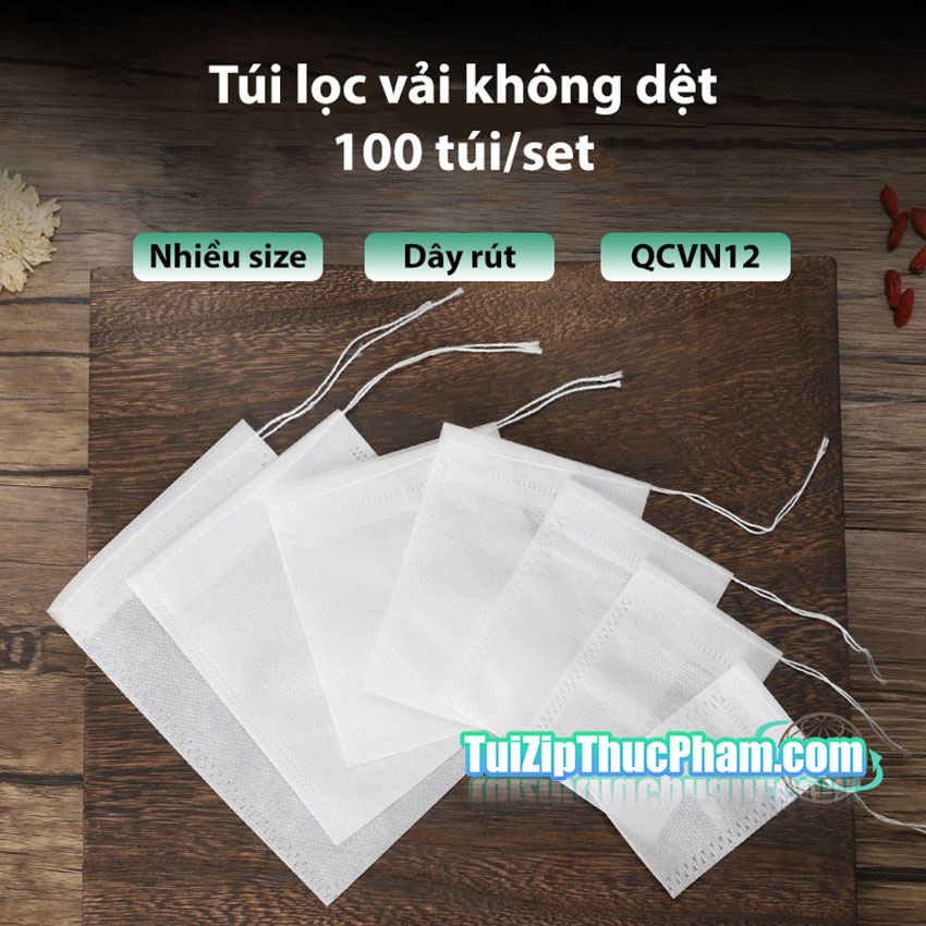 100 Túi lọc trà dây rút MIS, túi lọc gia vị, cà phê, thảo dược chất liệu vải không dệt chuẩn thực phẩm, túi lọc thẩm thấu cao nhiều kích thước