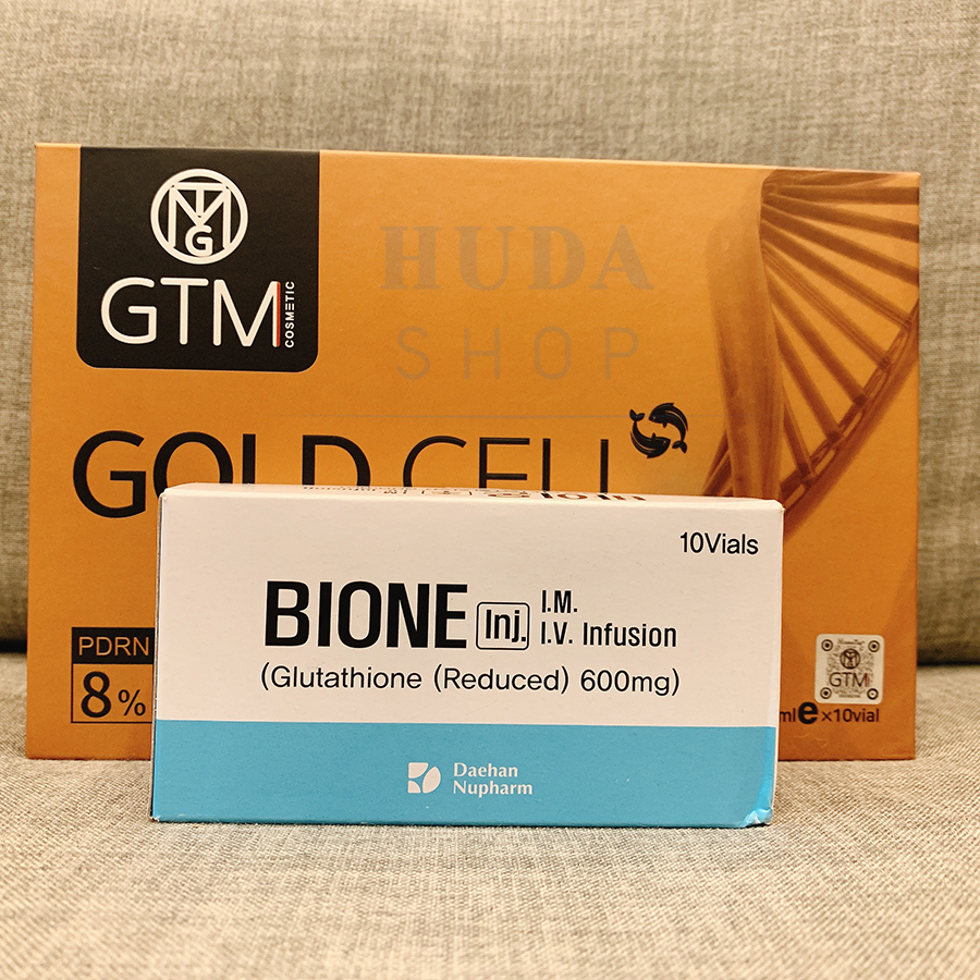 Cặp tiêm căng bóng trắng sáng DNA cá hồi GTM Gold Cell 8% mẫu mới và Glutathione Bione 600mg chuẩn Hàn - Huda shop