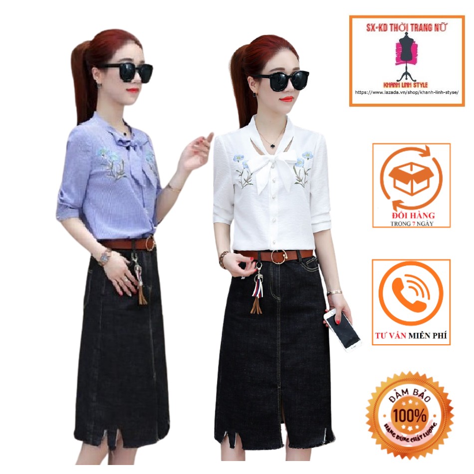 Áo sơ mi sọc nhí thêu hoa- ms0113a