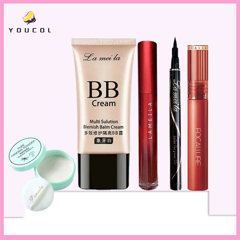 Bộ mỹ phẩm-bộ mỹ phẩm 5 món-son môi lỏng+focallure son môi lỏng+kem nền bb cream+liquid eyeliner+lameila phấn phủ mờ+son kem lì