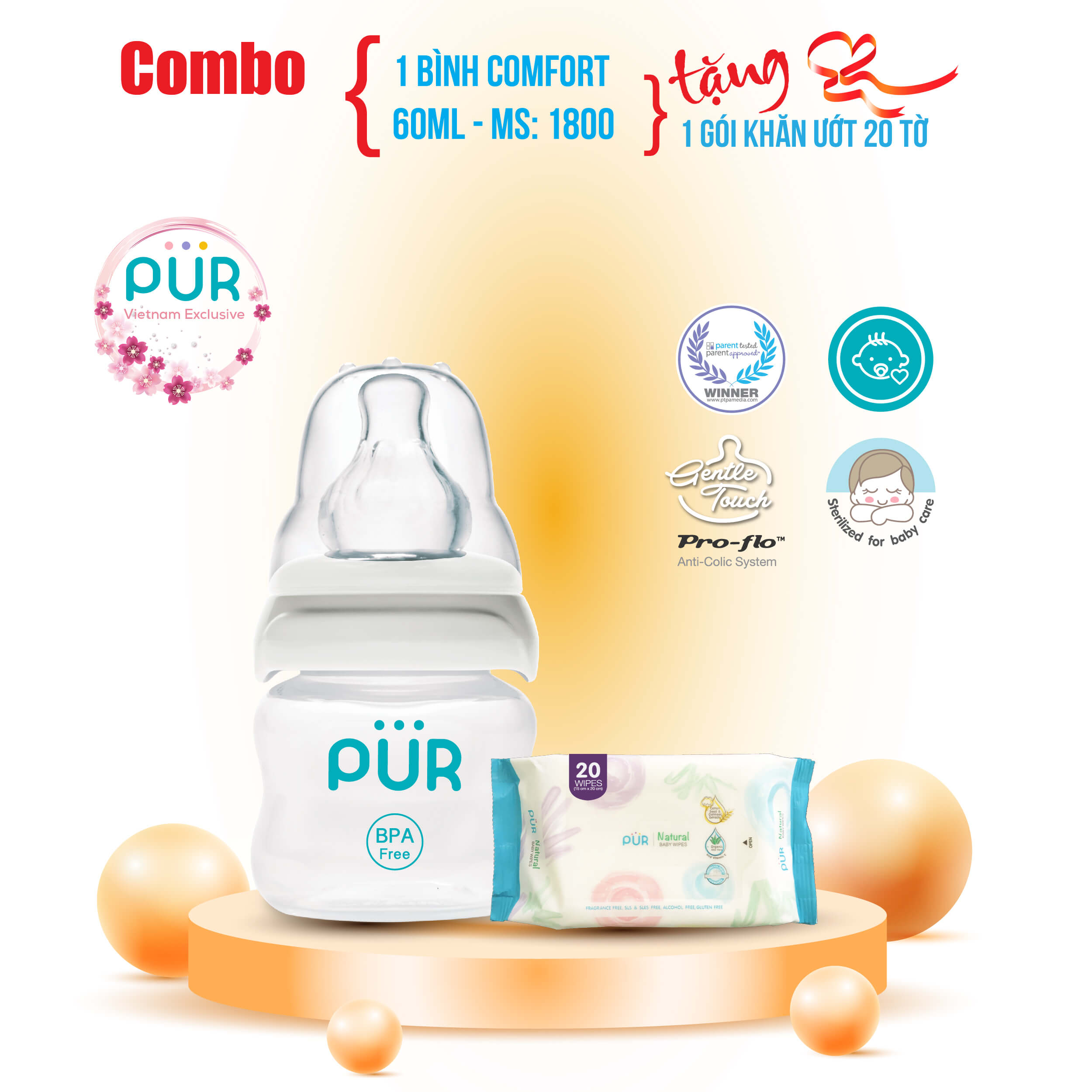 Bình sữa cổ thường comfort feeder 60ml, núm ti có kiểu dáng giống ti mẹ, bé sẽ dễ dàng kết hợp bú mẹ và bú bình - Tặng gói khăn ướt Pur loại 20 tờ