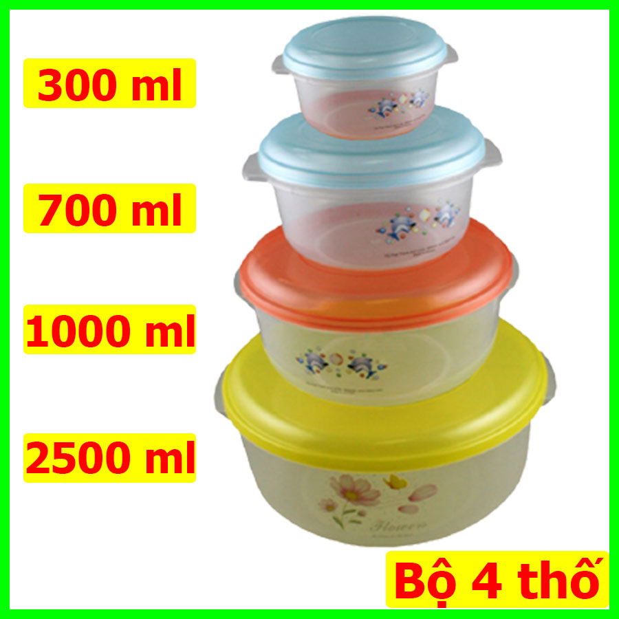 Bộ 4 thố nhựa, hộp nhựa đựng thực phẩm, có nắp đậy, dung tích lớn 300ml, 700ml, 1000ml, 2500ml , trong suốt -  màu ngẫu nhiên