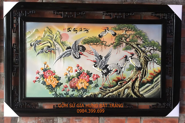 Tranh gốm sứ bát tràng, tranh gốm sứ vẽ cảnh Bách Hạc Quần Tùng, tranh gốm sứ kích thước ̣90x60 cm